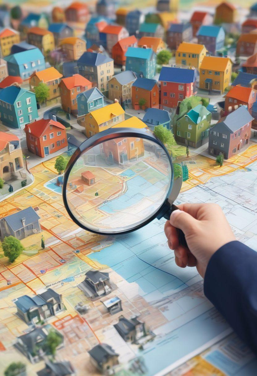 A person holding a magnifying glass over a map marked with rental icons, surrounded by helpful housing resources like brochures and legal documents about tenant rights. The background features a split cityscape showing both modern apartments and cozy homes, symbolizing various rental options. Bright colors and inviting elements to create a friendly atmosphere. super-realistic. vibrant colors. 3D.