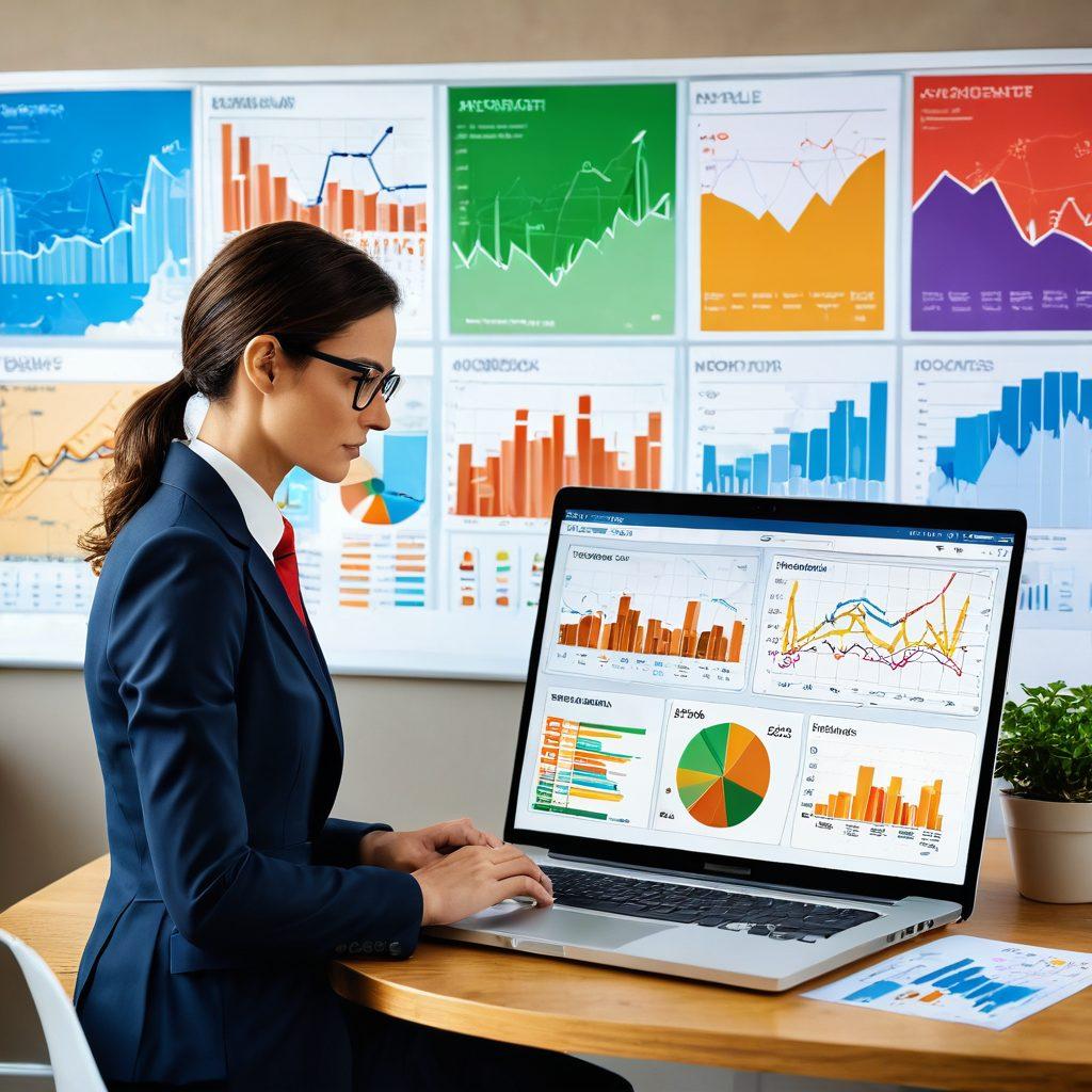 A savvy real estate agent analyzing market trends on a laptop, surrounded by vibrant charts and graphs depicting rental statistics, with diverse properties in the background. A neighborhood map is pinned on a corkboard, showcasing highlighted areas for investments. The atmosphere conveys a sense of expertise and opportunity in the property market. modern illustration. vibrant colors. 3D elements.
